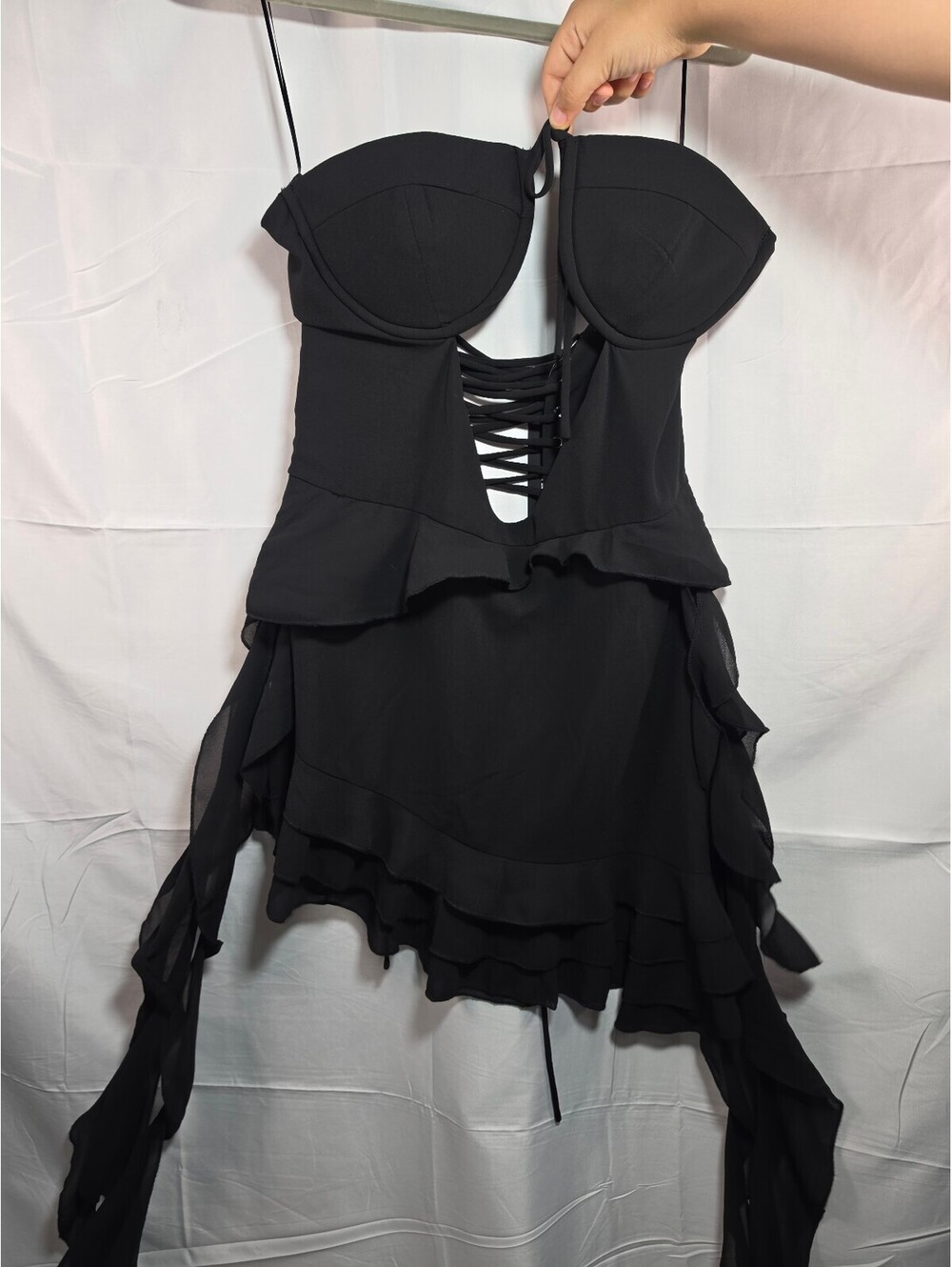 NEW WITH TAGS Fashion Nova Black Lace-Up Ruffle Mini Dress – Size XL
